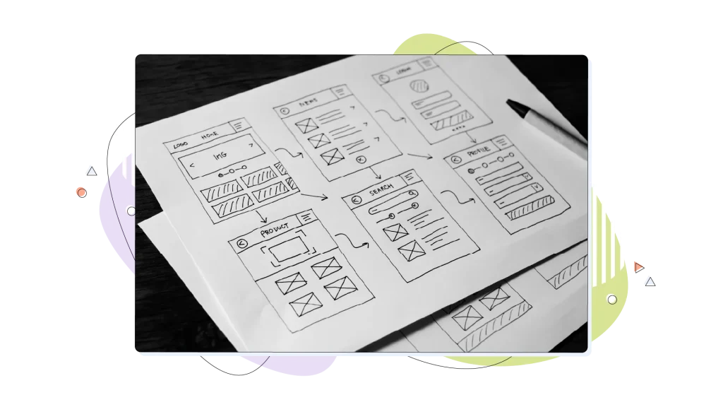Website design mockup printed on paper, with black and white ink.
