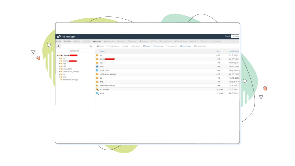 cPanel File Manager showing the files inside the web hosting account.