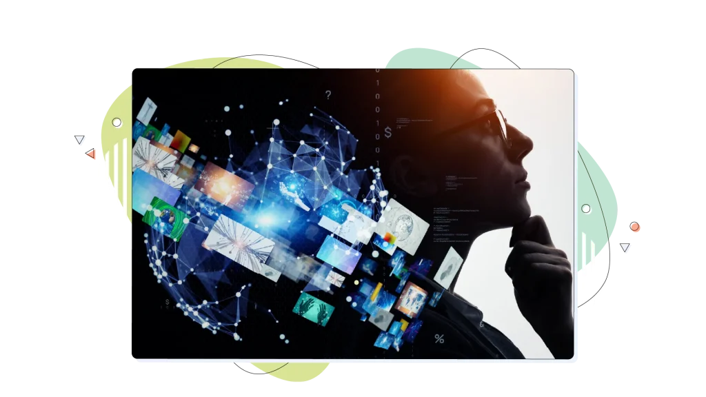 Image of a woman thinking and a hologram of applications right next to her. Image montage.