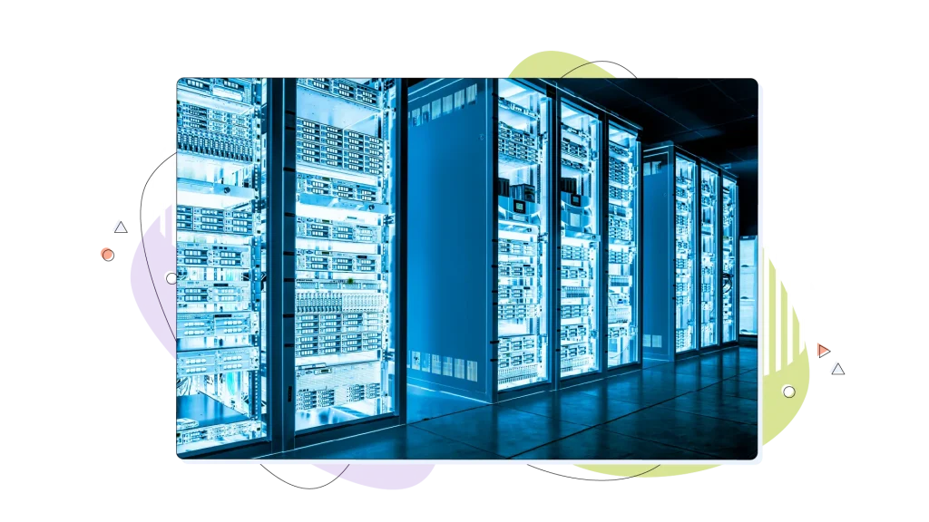 A data centre illuminated by ambient lighting.
