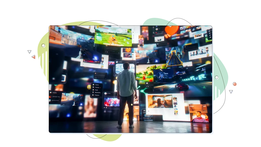 A person standing in a room full of screens and looking up to them.