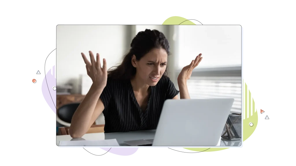 Woman is frustrated by her web hosting plan, while looking at her laptop. 