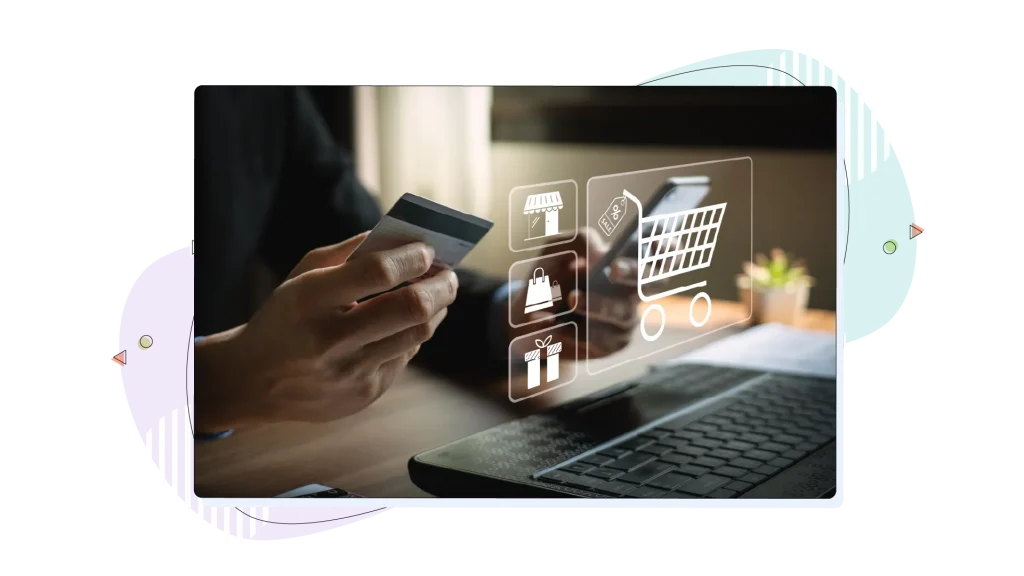 Person paying by a credit card, while a shopping cart is 