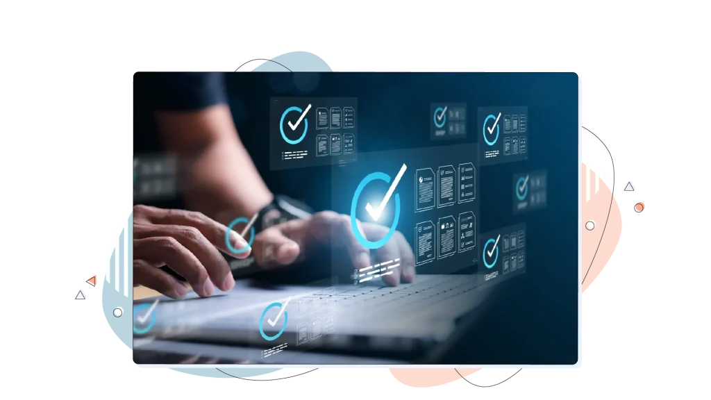 Person typing on their laptop while a hologram of checkmarks is over the image.