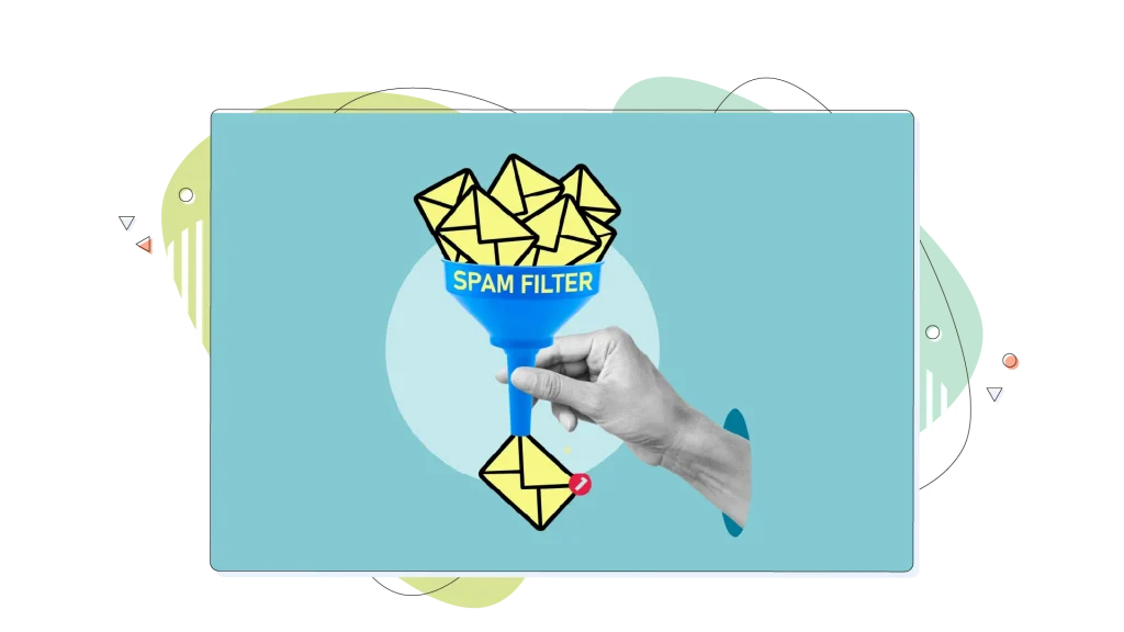 A cartoon-like spam filter that is being held by a hand.