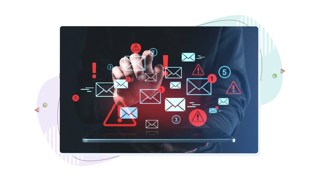 Email messages on a touchscreen and a hand over the folders.