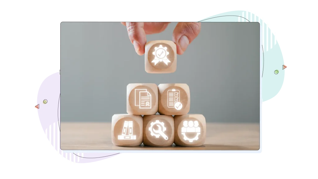 Wooden blocks with badges on them.