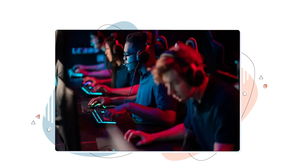 Gamers playing in an arena room.