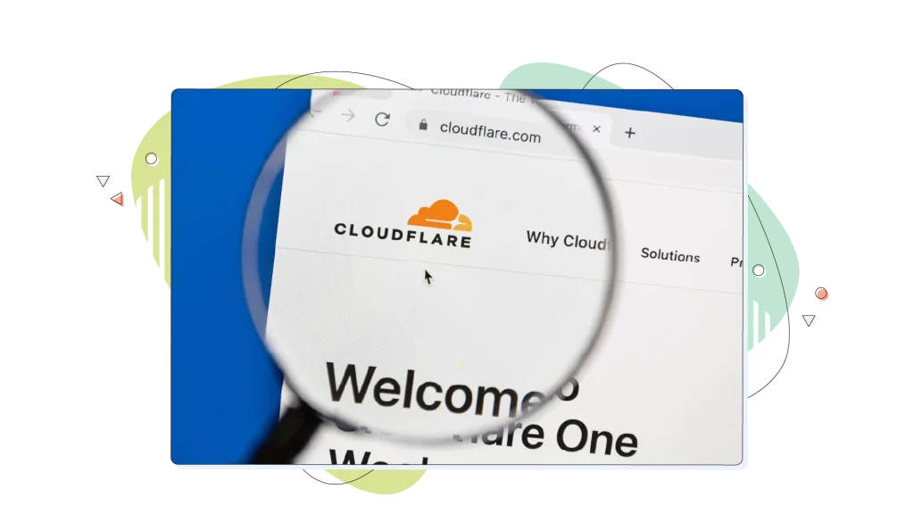 Cloudflare's website behind a magnifying glass.
