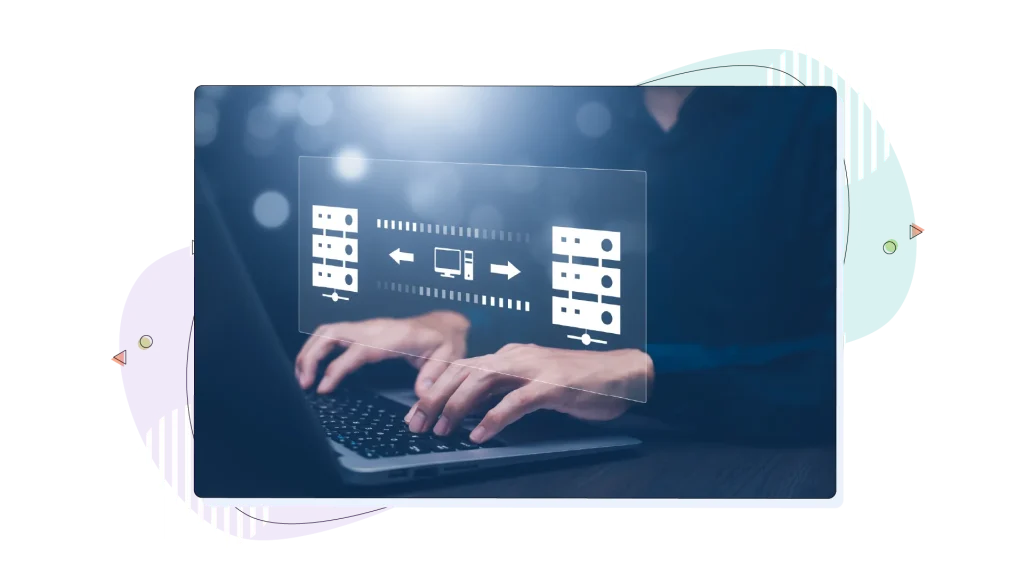 Man typing on a laptop with an overlay of server icons floating his keyboard. 