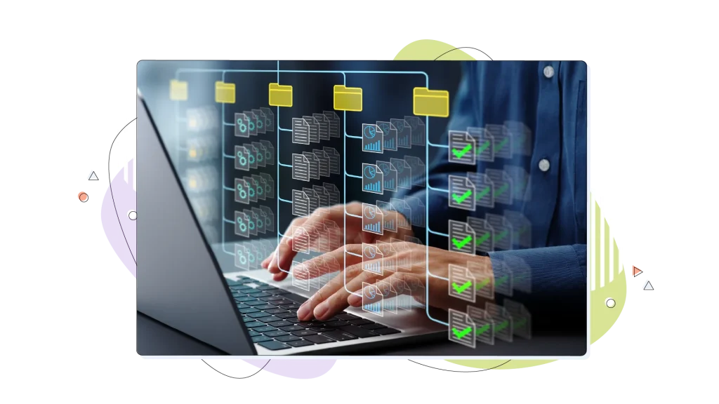 Directories with folders floating over a laptop computer.