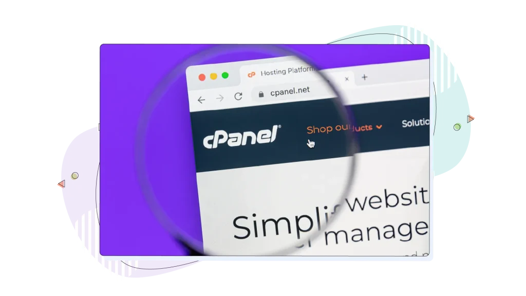 cPanel website with a magnifying glass over the cPanel logo.