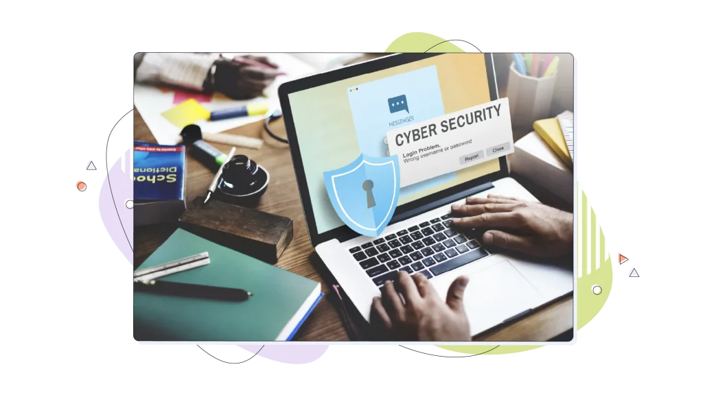Laptop with the word cyber security on its screen.