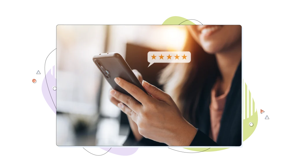 Woman leaving an online review with five stars.