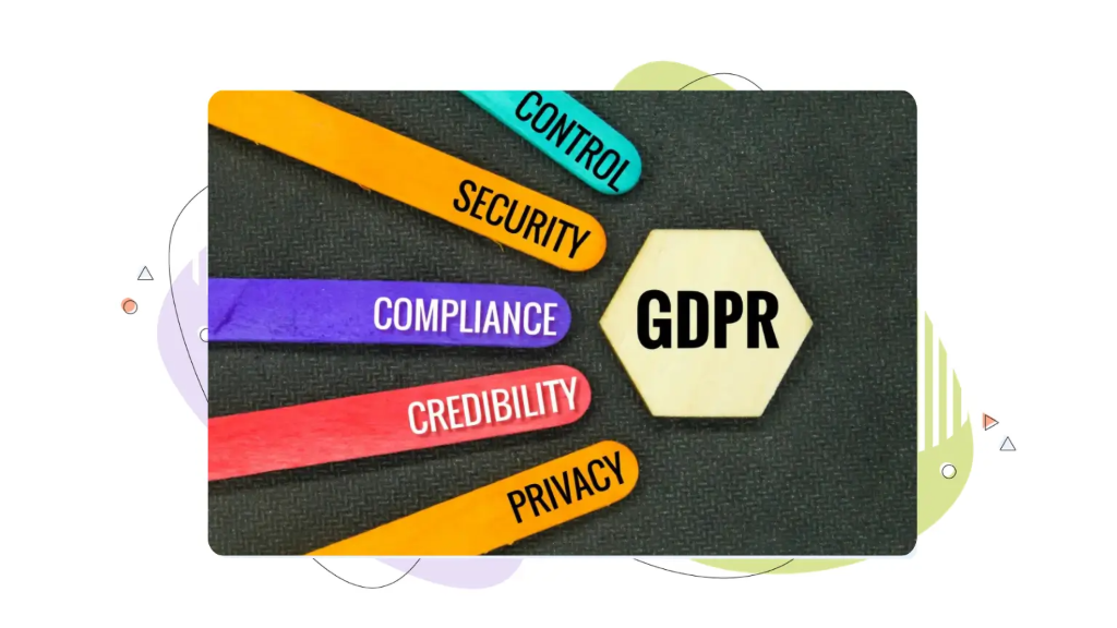Colorful infographic showing five key GDPR benefits: control, security, compliance, credibility, and privacy. Each benefit is highlighted in a different color to emphasize core data protection advantages.