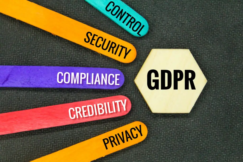 Colorful infographic showing five key GDPR benefits: control, security, compliance, credibility, and privacy. Each benefit is highlighted in a different color to emphasize core data protection advantages.