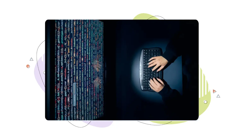 A computer hacker sitting at their keyboard, reading computer code on a monitor screen, and looking for public WHOIS records.