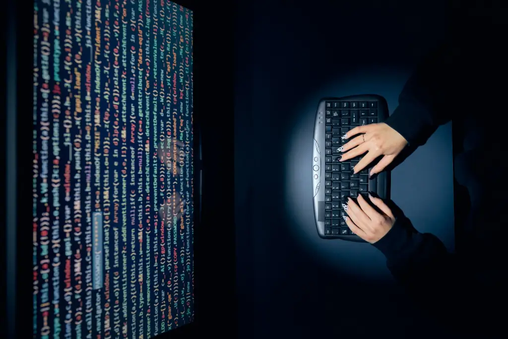 A computer hacker sitting at their keyboard, reading computer code on a monitor screen, and looking for public WHOIS records.