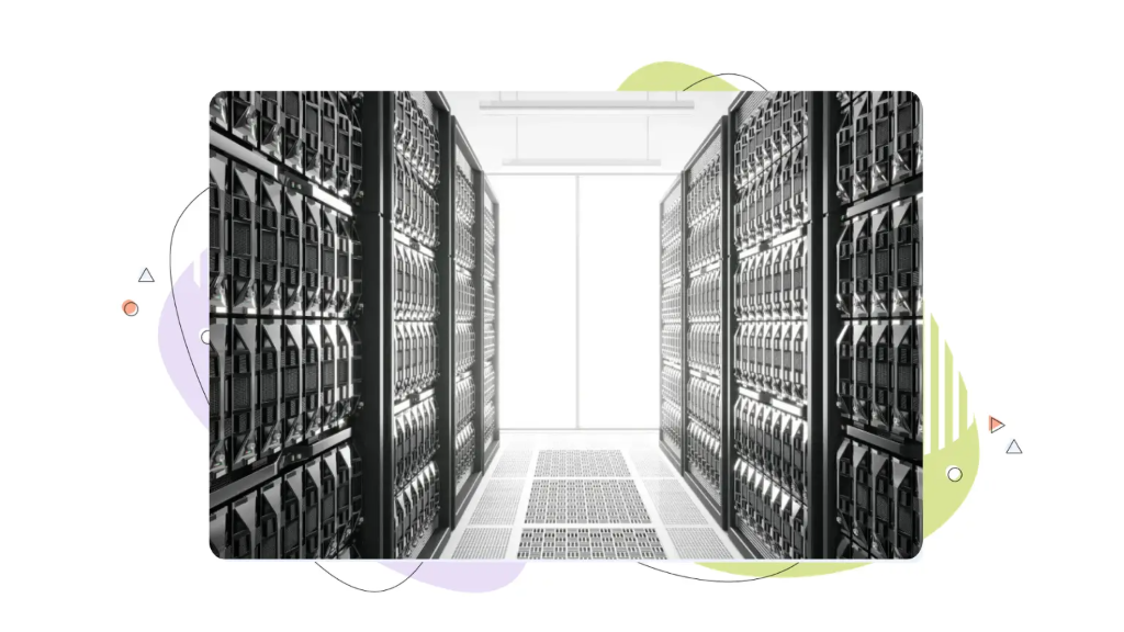 Secure data center room filled with rack-mounted computer servers, locked behind reinforced doors to protect sensitive information and ensure strict data privacy and security.