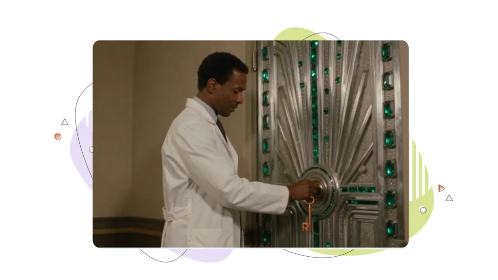 Content Depth & Topical Coverage: Scientist opening a large emerald-inlaid chrome door with a copper key.