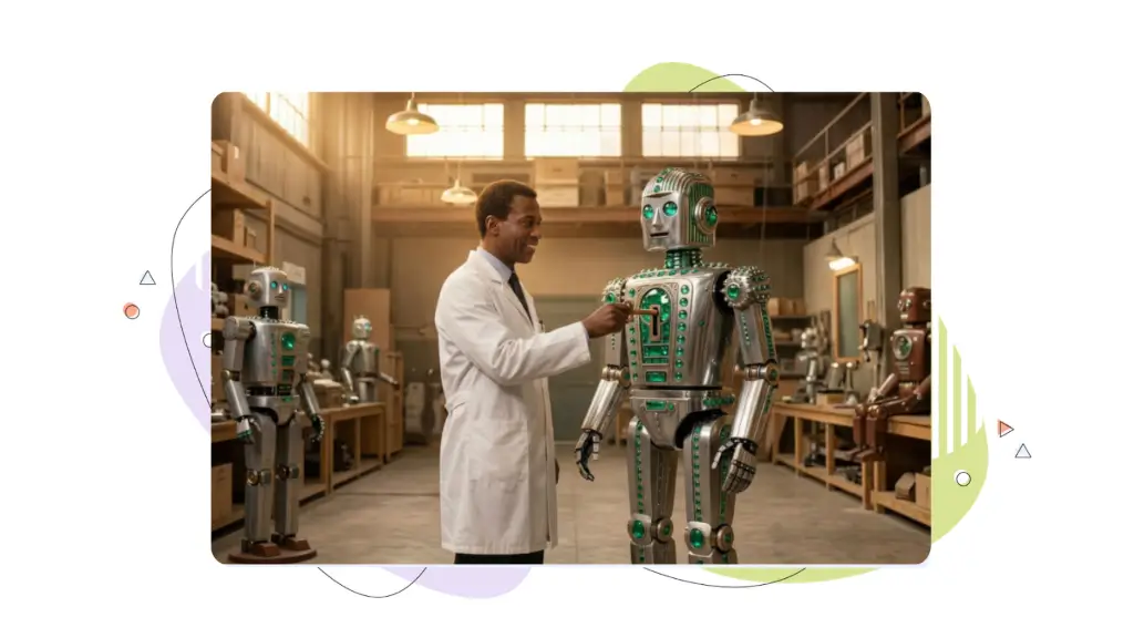 Content Freshness & Update Strategy: Scientist in a warehouse inserting a key into the chest lock of a chrome, emerald-inlaid human-like robot.