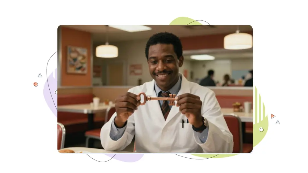 E-E-A-T Signals SEO: Scientist in a fast-food restaurant pausing his lunch to inspect a long copper key he created.