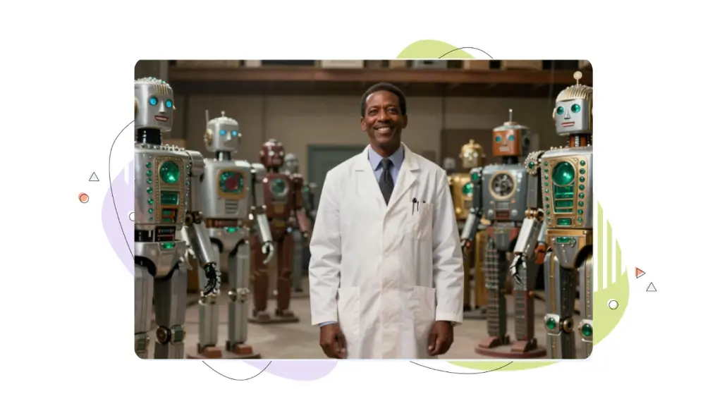 Internal Linking Strategy & Topic Clusters: Scientist in a warehouse surrounded by human-like robots standing in a connected circle.