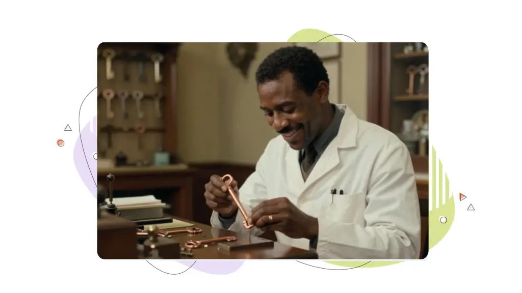 Optimizing Title Tags & Meta Descriptions for Click-Through: Scientist in a key workshop finishing a long copper key.