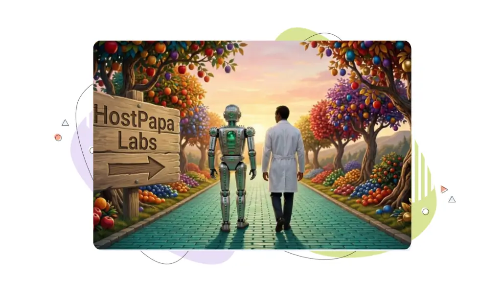 Your Path to Page One Rankings in 2026: Scientist and robot walking a turquoise brick path lined with fruit trees toward a HostPapa Labs sign.