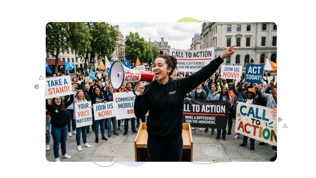Woman shouting in a call to action march.