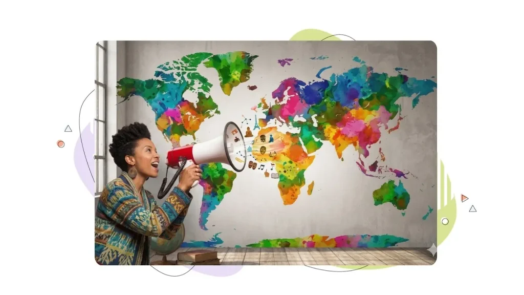 Woman talking through a megaphone with a world map behind her.