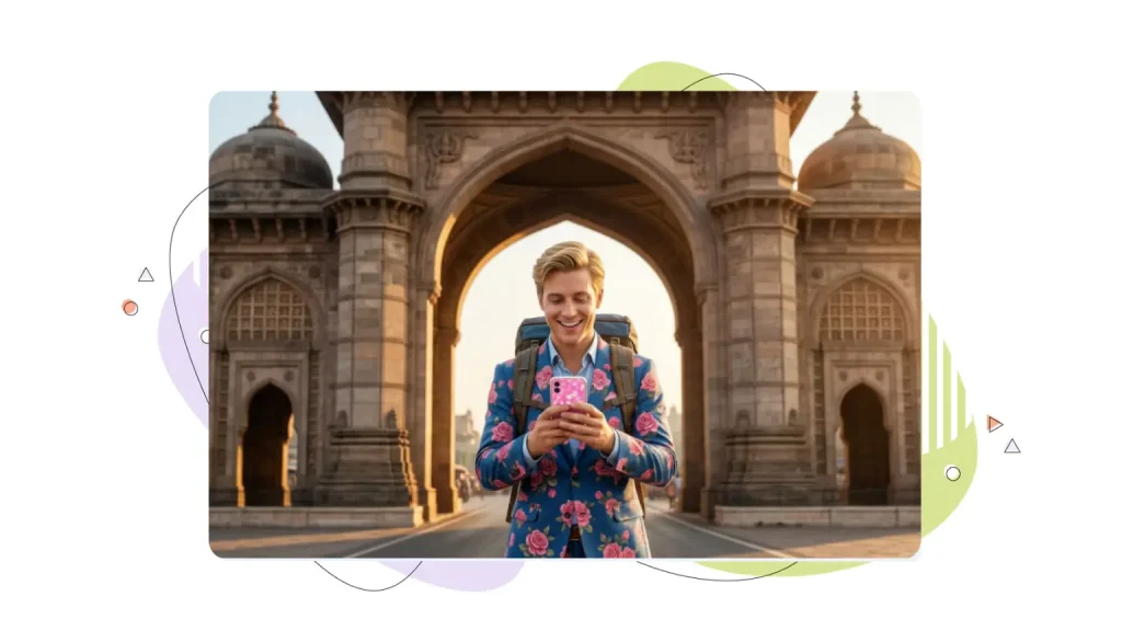 A young man standing near a large stone gate, checking his phone and reviewing responsive design for mobile.