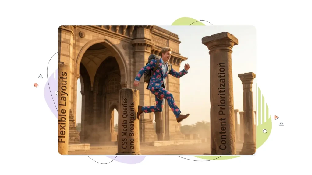 A young man jumping through stone columns, symbolizing freedom and creativity in mobile design usability.
