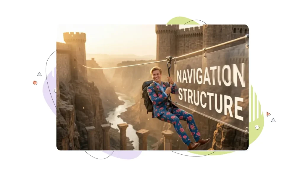 A young man gliding through the air on a zip line above stone columns, illustrating line length responsive design principles.
