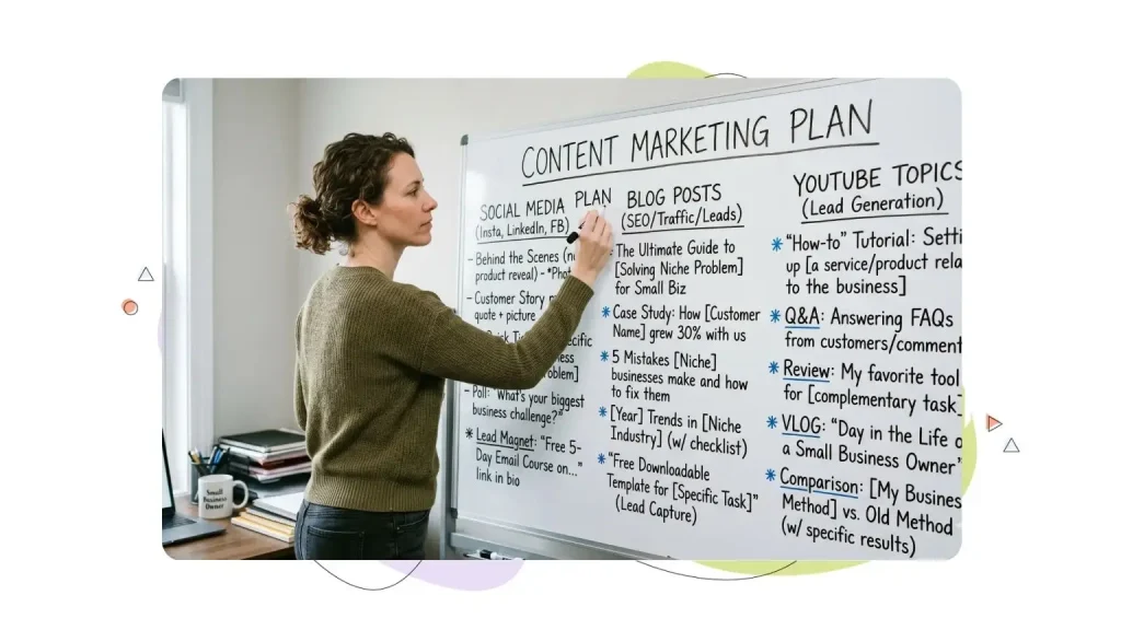 Person writing a content marketing strategy on a whiteboard, briefing their team on next steps.
