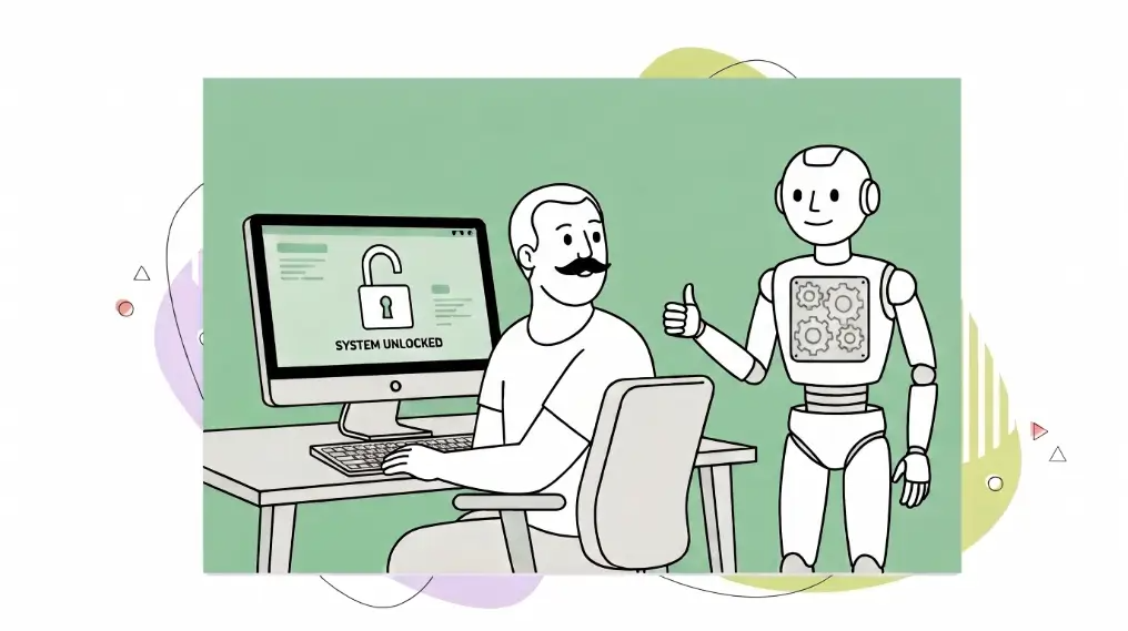 Man unlocking his computer with a strong password while a friendly robot gives a thumbs up, symbolizing company data security and safe AI use.
