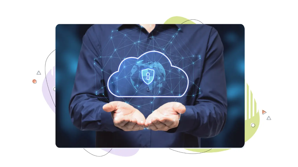 Two hands holding a computer‑generated cloud with a padlock in the center, representing business data protection and secure cloud storage for company information.
