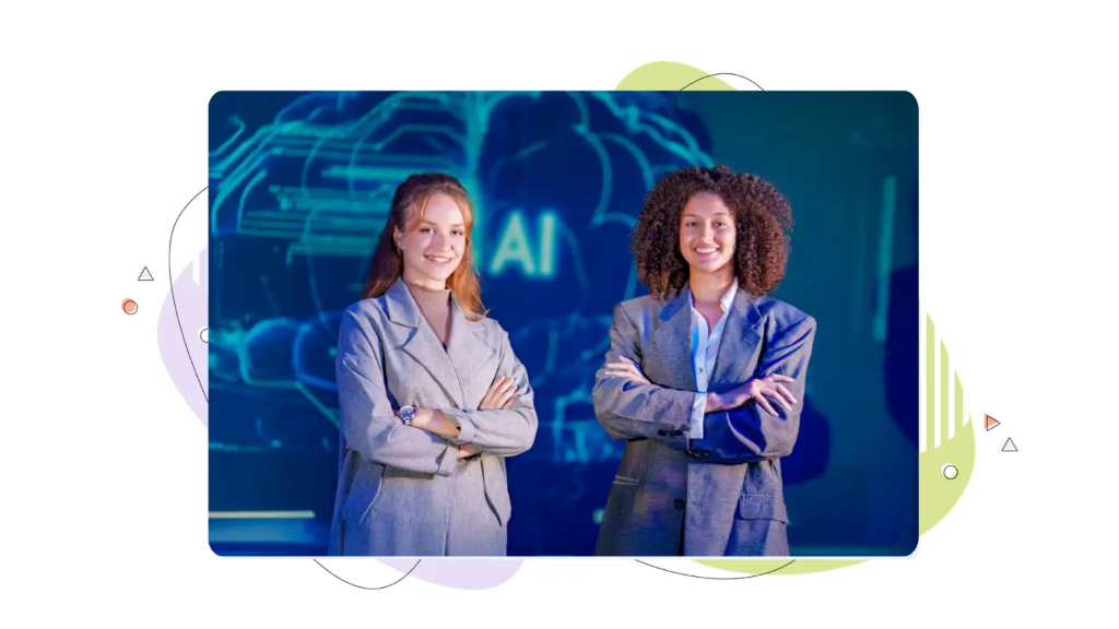 Two young women standing in front of a presentation screen labeled AI (Artificial Intelligence), discussing the importance of data security for business when using AI tools with company data.