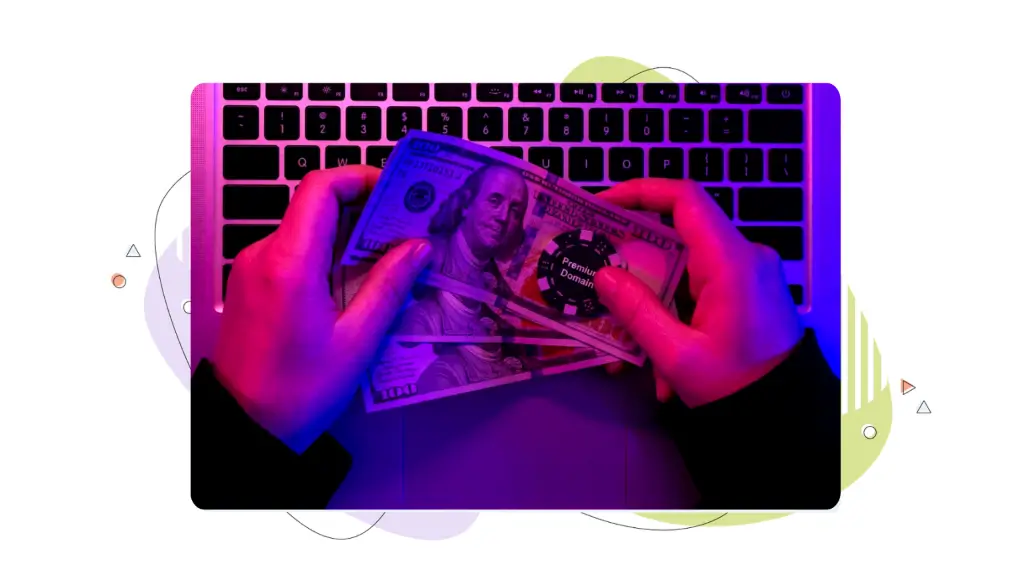 Someone is looking at their laptop screen and arranging money in their hands, along with a poker chip imprinted with the words ‘premium domain names’.