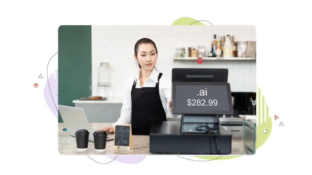 A woman in a coffee shop types on a cash register, which displays the words ‘registry premium domain .ai’ on its LCD screen.