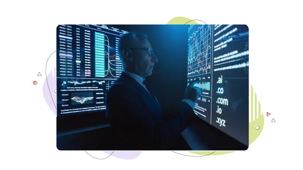 A man uses large touchscreen monitors, and on one monitor are the words .ai, .co, .com, .io, and .xyz as he reviews premium domain SEO options.