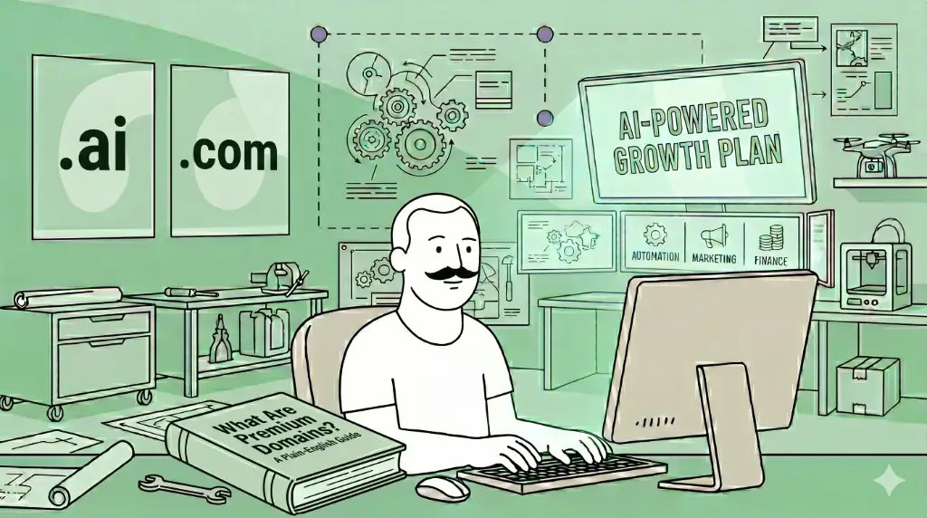 A man uses his desktop computer to research premium domains.