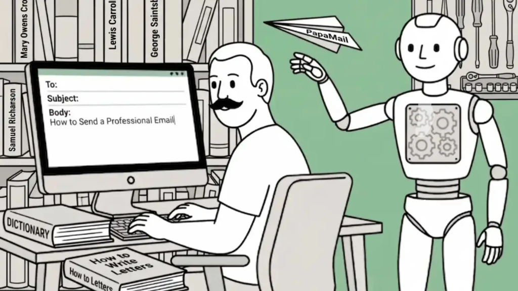 A man and his robot learn how to send a professional email.