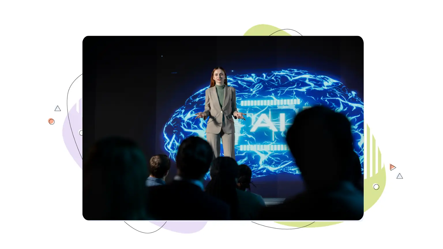 A professional woman in a suit giving a presentation on Answer Engine Optimization (AEO) to an audience, with a large blue AI brain graphic projected behind her.