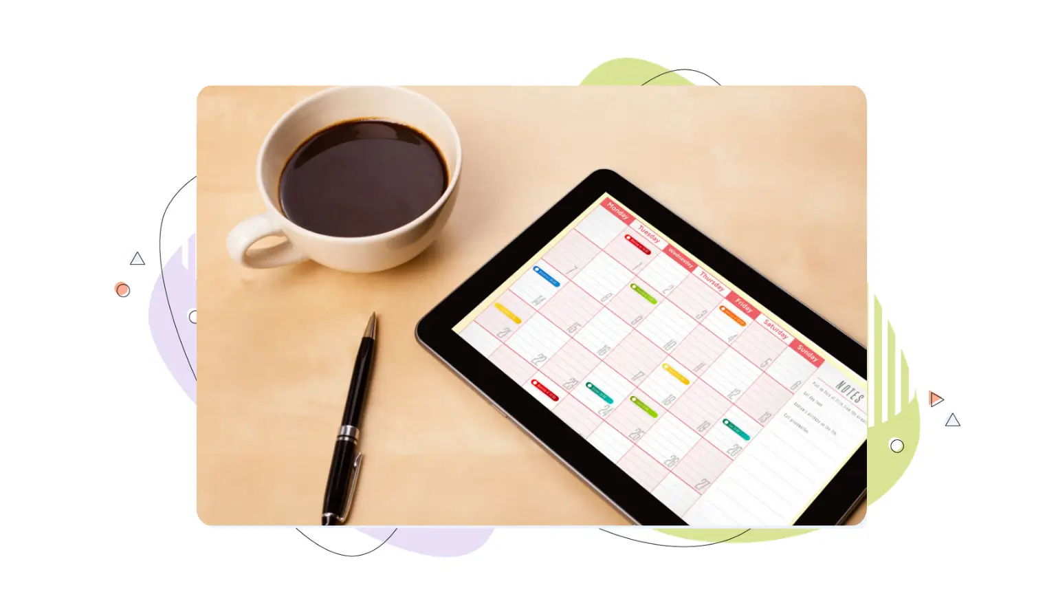 A tablet displaying a monthly calendar app beside a coffee cup and pen, symbolizing content scheduling for E-E-A-T and AI citations.