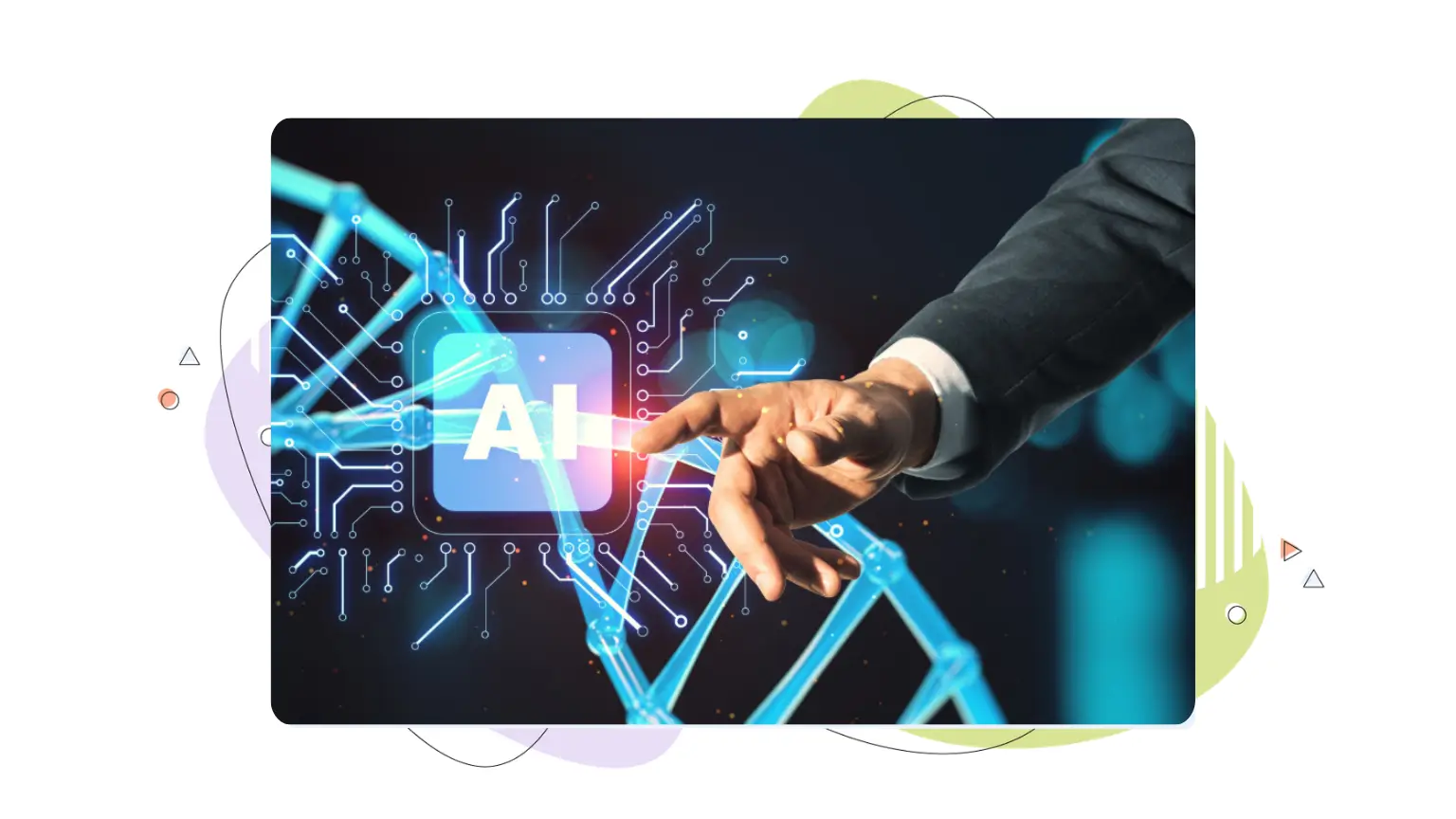 A hand reaching out to touch a glowing blue AI chip graphic, representing Generative Engine Optimization (GEO) strategies.