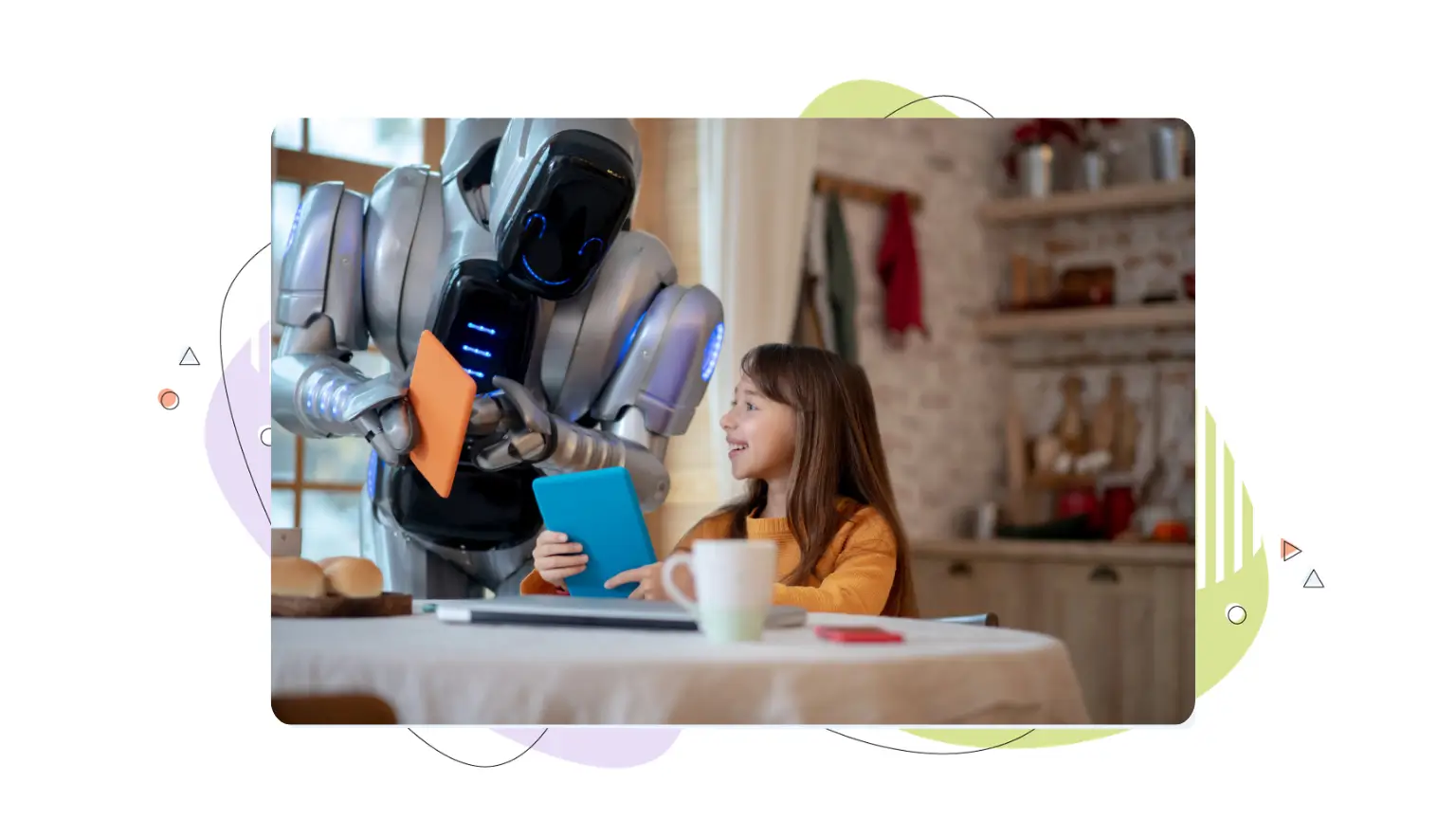 A robot holding an orange tablet and looking down at a young girl holding a blue tablet, conceptually showing how to get cited by AI search engines and assistants.