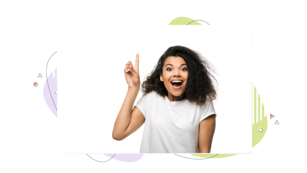 Excited woman pointing index finger up with an "aha!" expression, ready to get started with VPS hosting.
