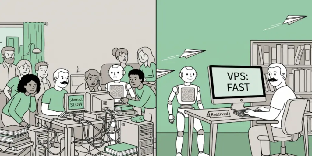 A split illustration comparing shared and virtual private server hosting. On the crowded left side, multiple stressed people cram around old computers displaying "Shared: SLOW." On the clean right side, a relaxed person works at a modern computer displaying "VPS: FAST" next to a helper robot.