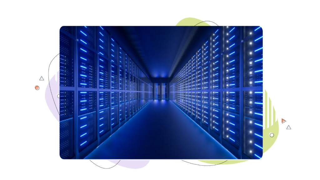 Secure server rack aisle in a blue-lit data centre for the best vps for wordpress.